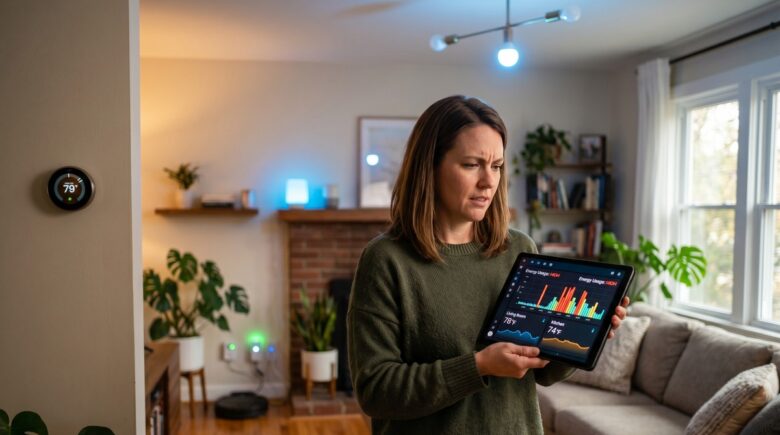 Smart home hub and thermostat on a wall next to a high energy bill on a kitchen counter