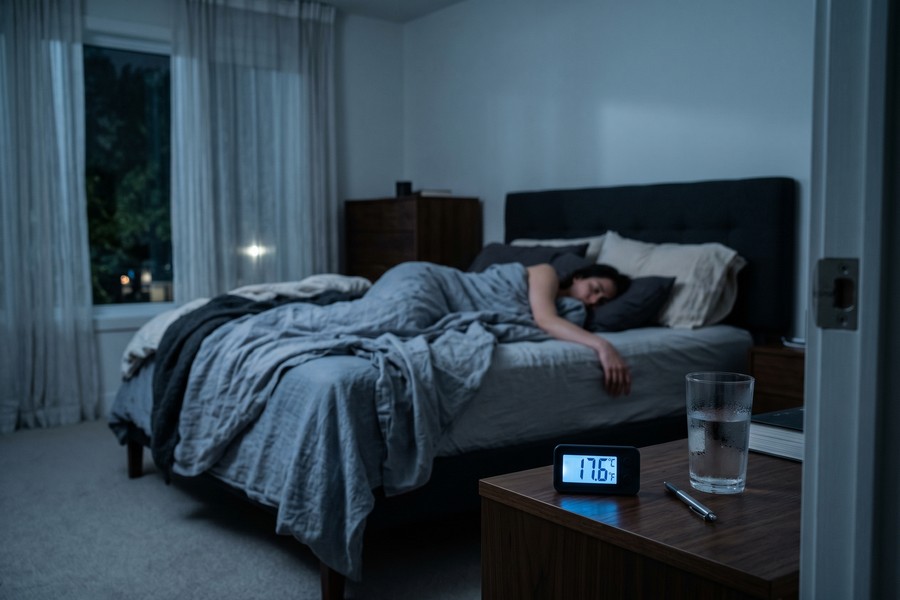 Smart thermostat mounted on an interior wall away from windows and heat vents