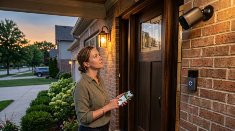 Side-by-side comparison of a smart security camera mounted on a house exterior and a video doorbell installed at a front door