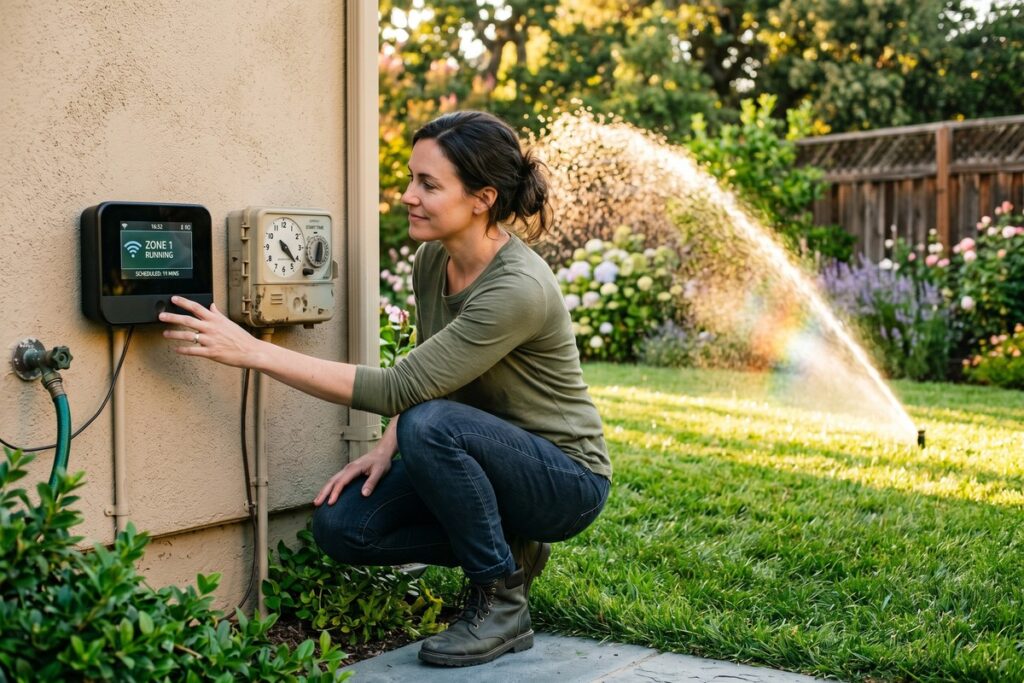 Smart sprinkler controller mounted on wall next to a basic timer showing comparison for water savings