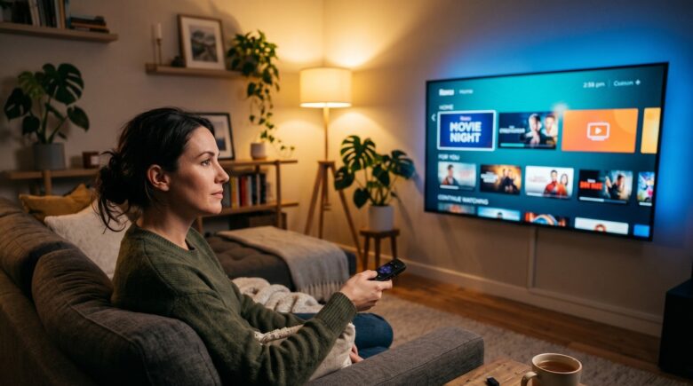 A streaming stick plugged into the HDMI port of a flatscreen TV in a living room setting, with a remote resting on a couch armrest