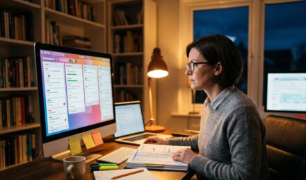 Accountant using a task manager app on a laptop to organize tax season deadlines and client workflows
