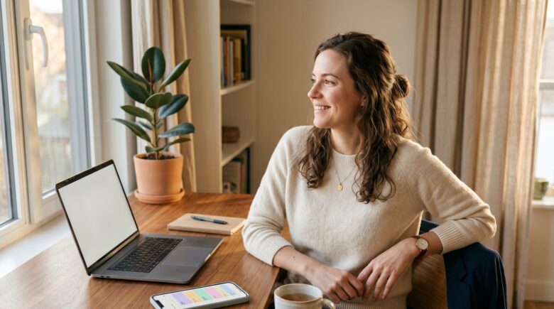 A burned-out corporate employee reviewing a color-coded time-blocked calendar on a laptop at their desk in the late afternoon