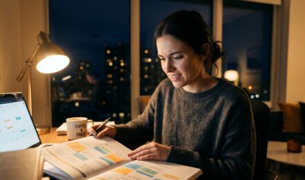 A night owl working productively late in the evening at a desk with a glowing laptop, calendar and task list visible on screen