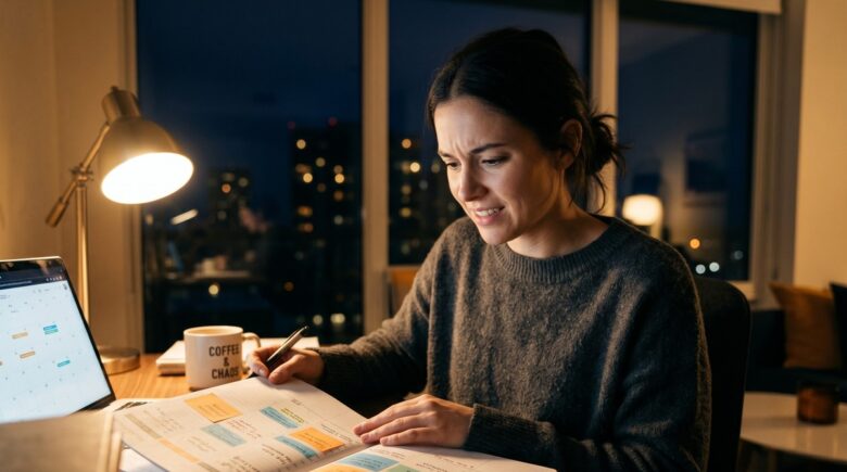 A night owl working productively late in the evening at a desk with a glowing laptop, calendar and task list visible on screen