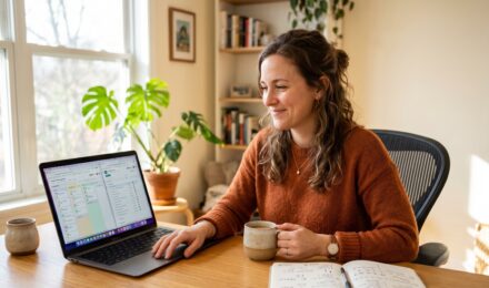 Freelance writer comparing Trello and Asana project management apps on a laptop