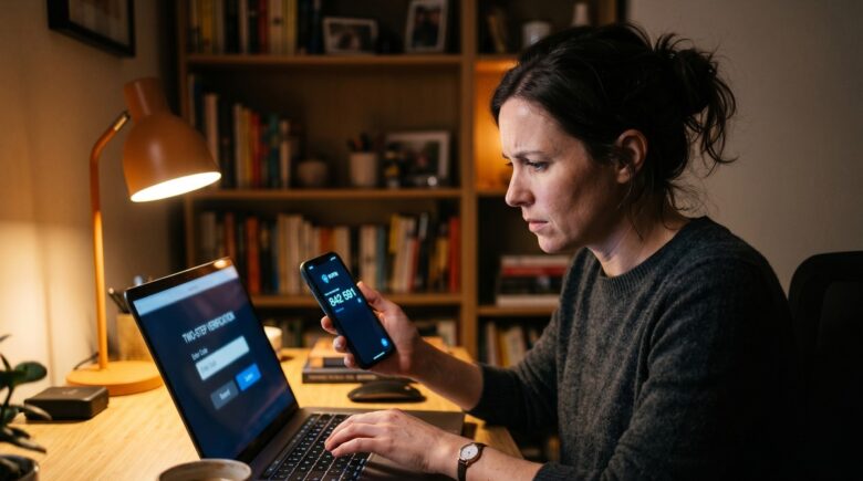 Person setting up two-factor authentication on a smartphone next to a laptop displaying a login screen