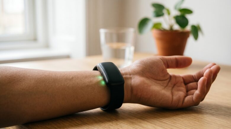 Person wearing a fitness tracker on their wrist while sitting at a desk, with a stress monitoring app displayed on a smartphone nearby