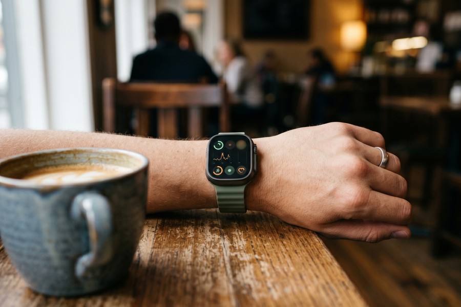 Side-by-side lineup of smartwatch, smart ring, and screenless wristband stress trackers on a desk