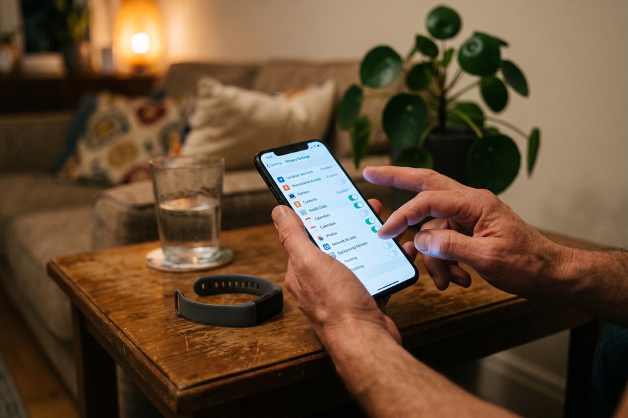 Close-up of a smart ring on a finger with a privacy settings screen visible on a nearby phone