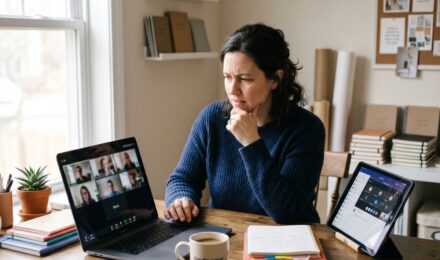 Side-by-side comparison of Zoom and Microsoft Teams interfaces on a laptop screen for small business use