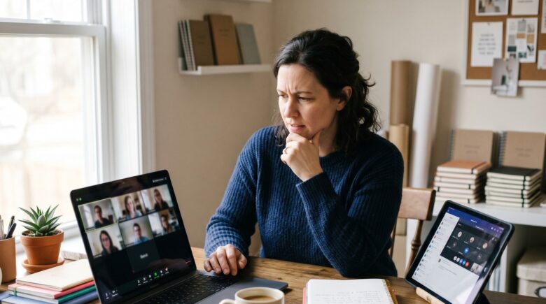 Side-by-side comparison of Zoom and Microsoft Teams interfaces on a laptop screen for small business use