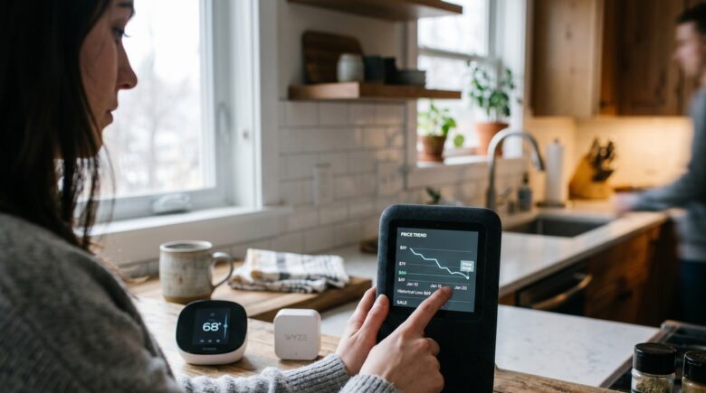 Collection of affordable smart home devices including smart bulbs, plugs, and sensors arranged on a white surface