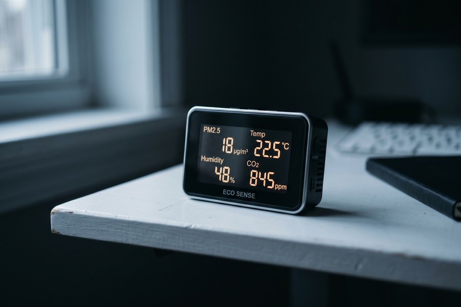 Smart air quality monitor display showing PM2.5, CO2, and VOC readings in a home setting