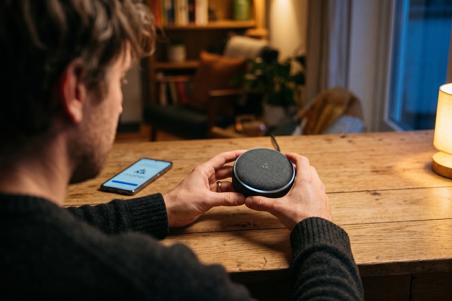 Organized smart home starter kit including bulbs, smart plug, and thermostat on a desk