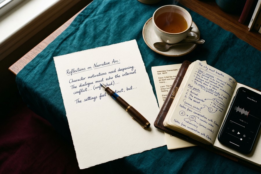 A handwritten voice document with phrases, contrarian opinions, and personal story notes beside a laptop