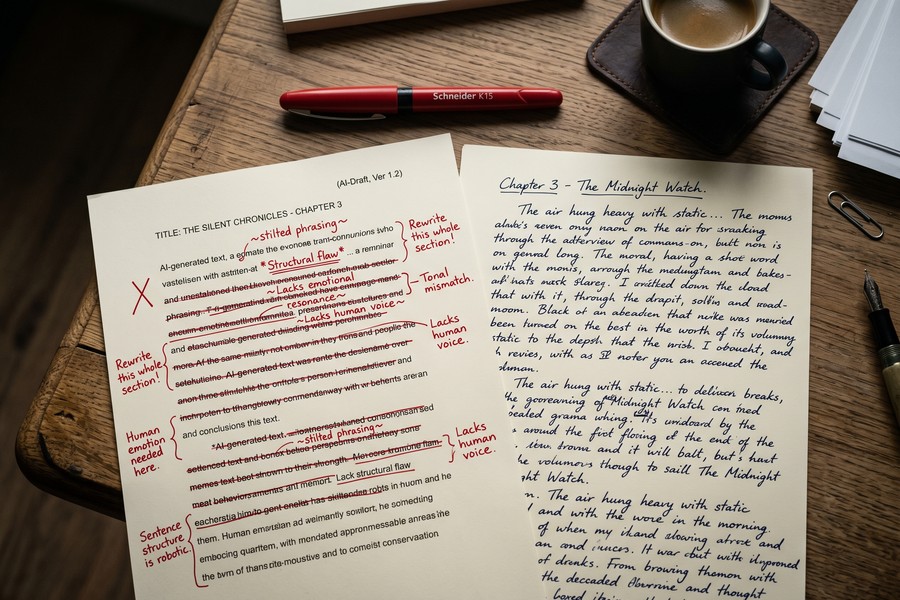 A writer editing a printed AI-generated draft with handwritten notes and cross-outs in the margins