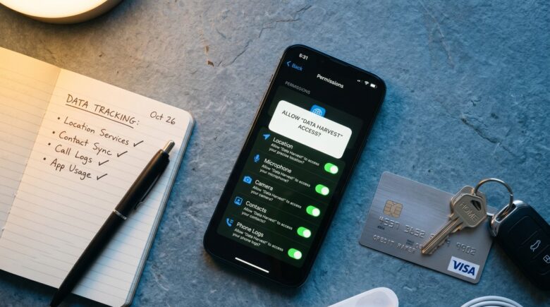 Smartphone screen showing manipulative design interface with confusing consent buttons and hidden settings