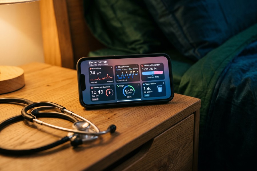 Smartphone screen showing a wellness app onboarding flow with pre-checked data consent boxes