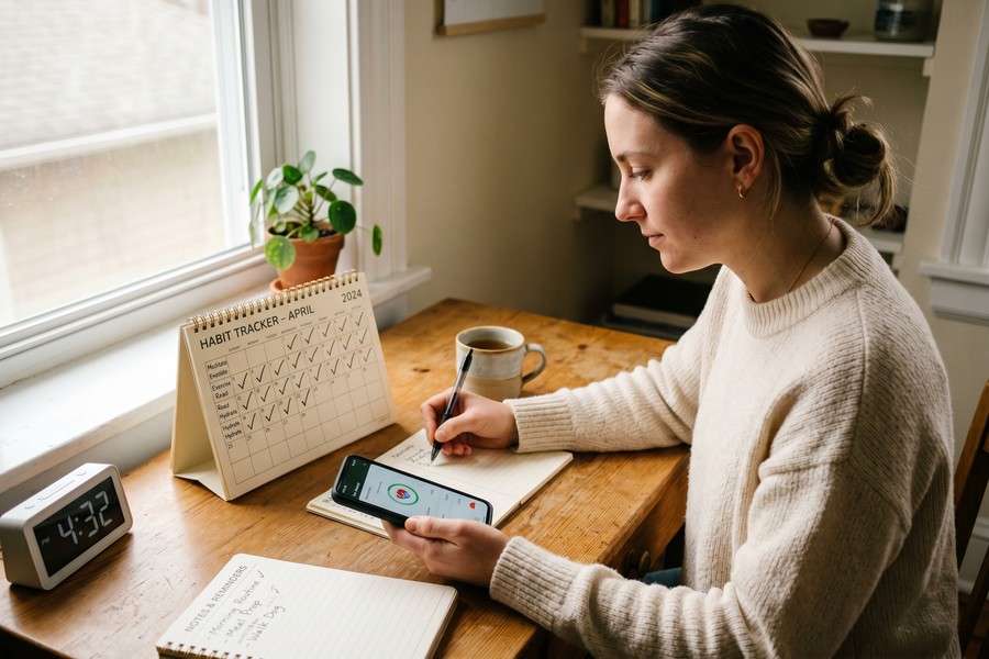 Person reviewing smartphone privacy settings at a desk with a notebook nearby