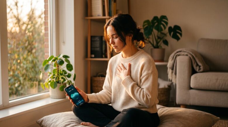 Person using a breathwork app on smartphone to manage anxiety