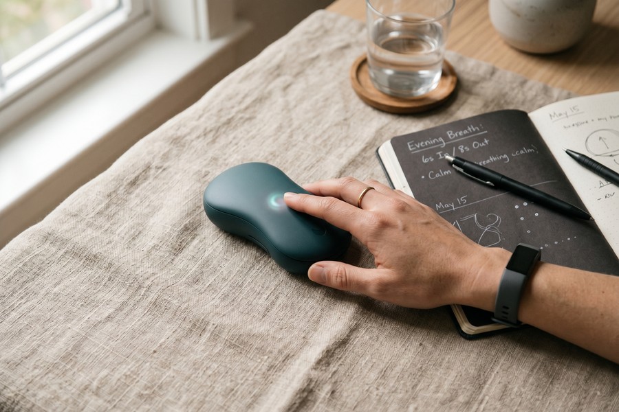 Hand holding a Moonbird HRV biofeedback breathing device, companion app showing real-time HRV graph