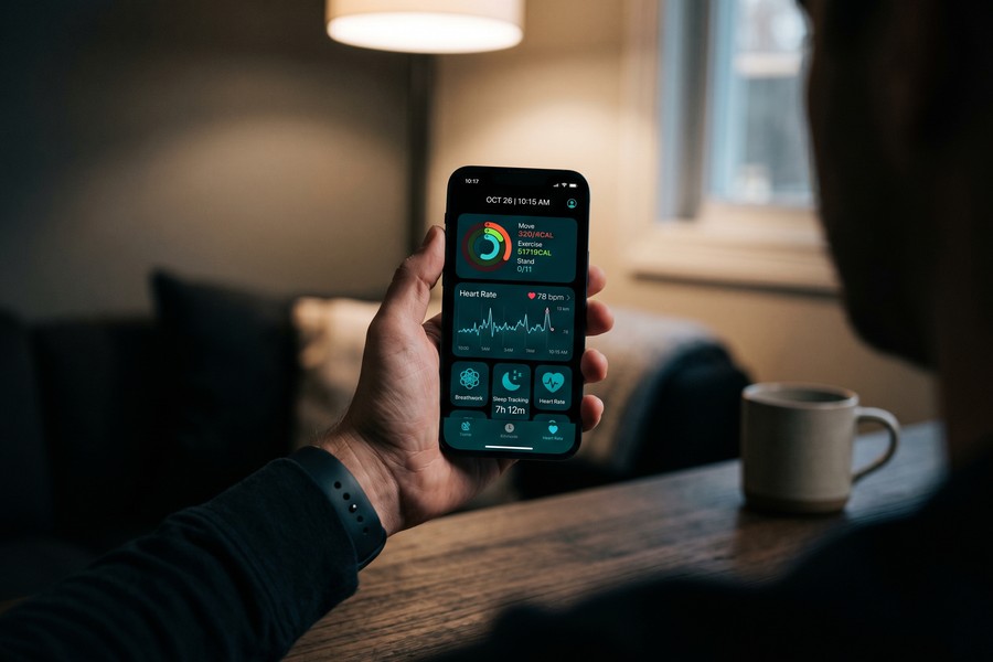Phone screen showing a breathwork app session timer alongside an HRV trend graph in a health dashboard