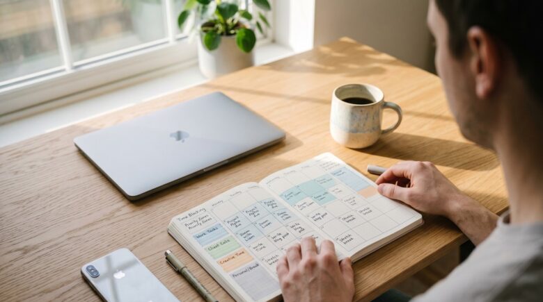 Remote freelancer working at an organized desk with minimal distractions in a home office setup