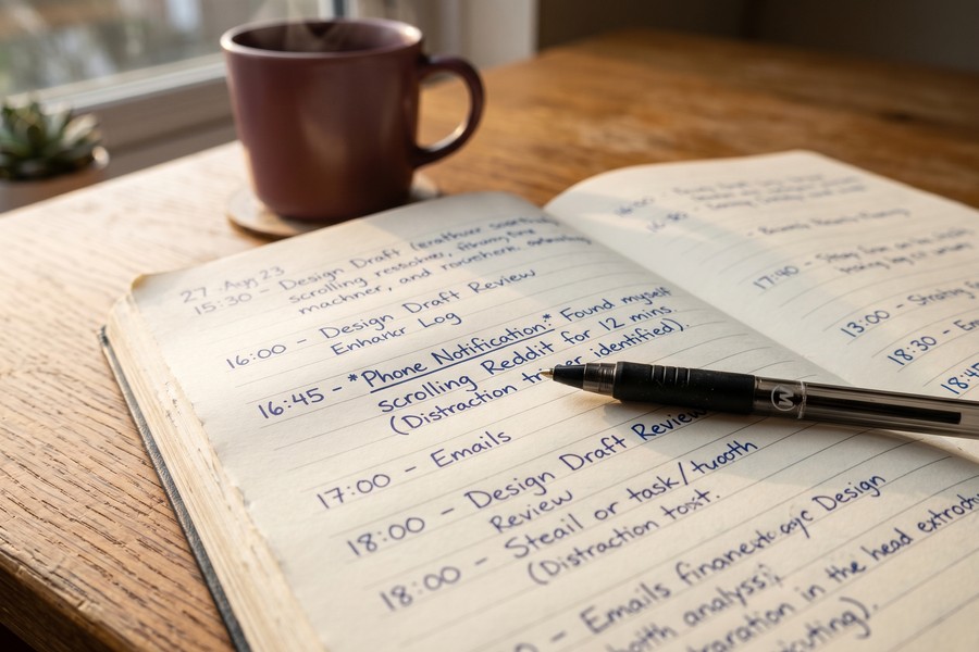 Freelancer tracking interruptions on paper log at a home desk, morning light