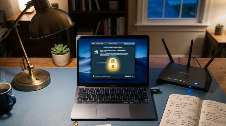 Router and connected devices on a home network with security lock icon overlay