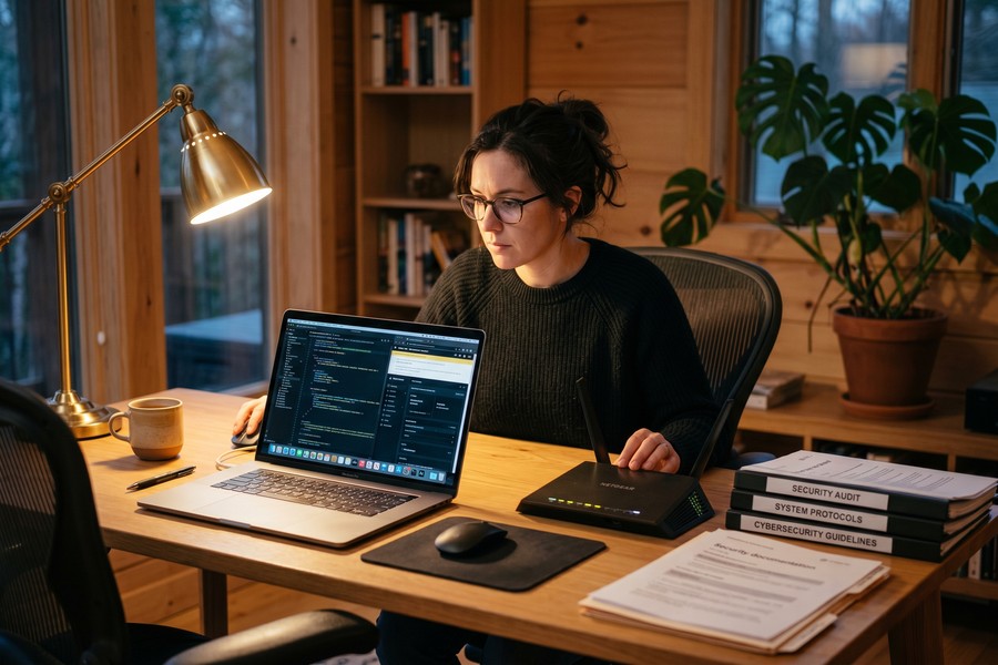 Remote worker reviewing a quarterly network security checklist on a laptop at a home desk