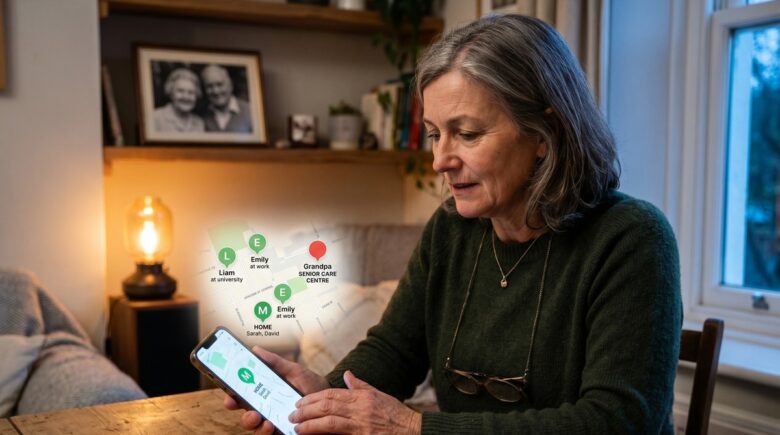 Adult child holding smartphone with location tracking app open, monitoring elderly parent's location