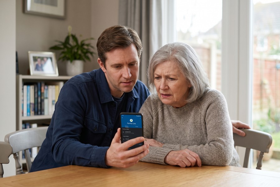 Adult child and elderly parent sitting together at kitchen table, setting up a smartphone location-sharing app collaboratively
