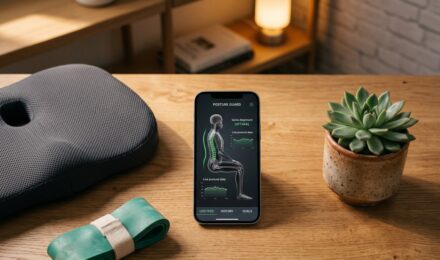 Remote worker doing a stretching exercise at desk while following a movement app