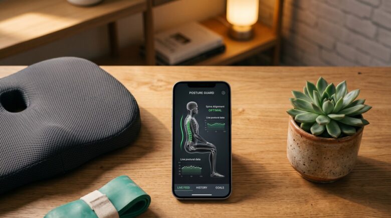 Remote worker doing a stretching exercise at desk while following a movement app