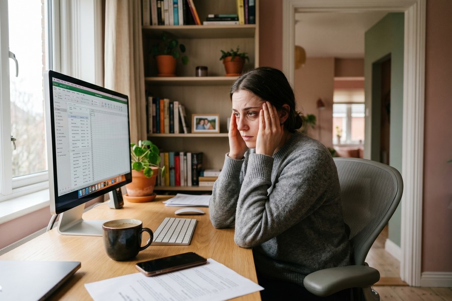 Remote worker slouched at a kitchen table showing forward head posture and rounded shoulders