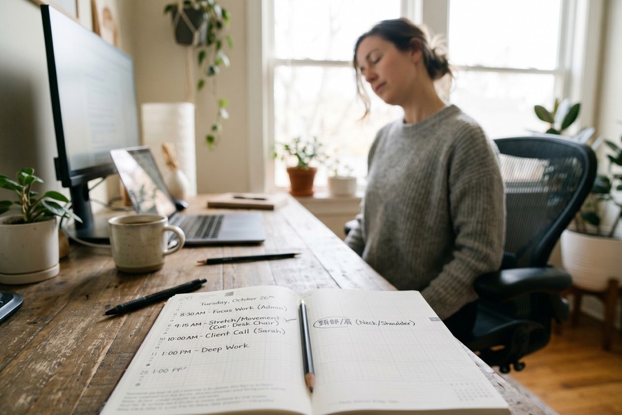 Remote worker standing at a correctly positioned laptop stand during a micro-break stretch