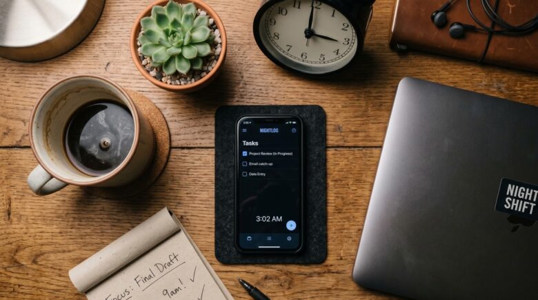 Night shift worker using a sleep scheduling app on phone at desk during evening hours