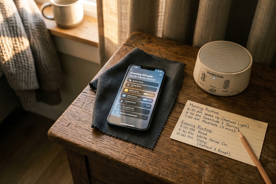 Night shift nurse using a sleep scheduling app on a smartphone in a dark bedroom