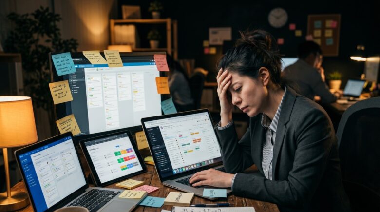 Team member overwhelmed by notifications and unorganized tasks in project management software