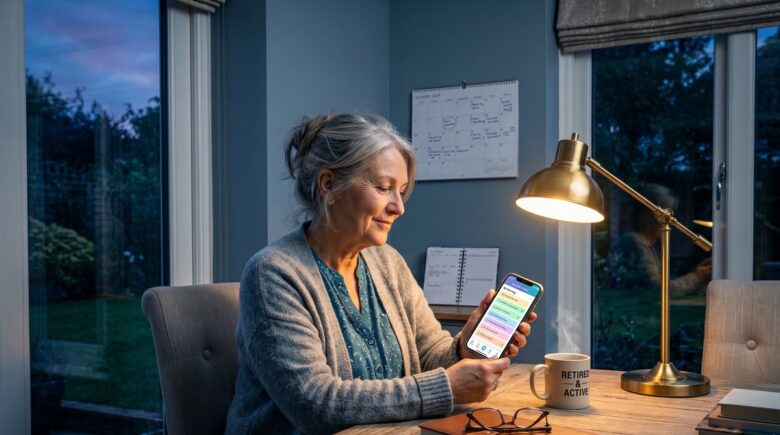 Older adult using a tablet to check daily routine and habit tracking app at home