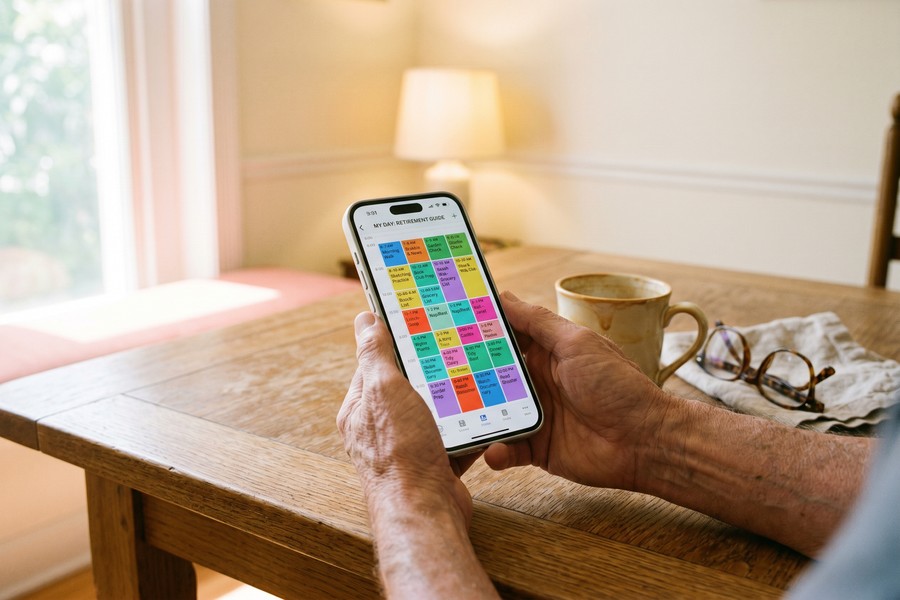 Older adult checking a routine tracking app on a smartphone during a morning walk outdoors