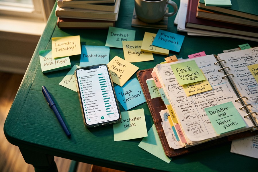 Retired adult writing in a daily planner notebook next to a smartphone with a habit tracking app open