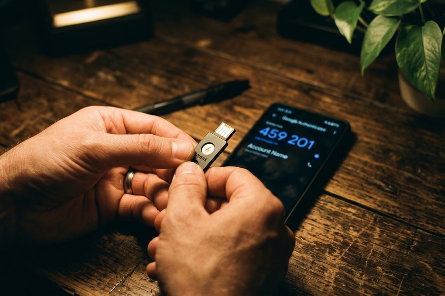 Side-by-side comparison of a YubiKey hardware token versus a smartphone authenticator app screen