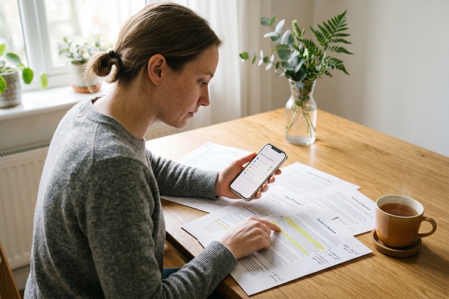Illustration of a phone screen showing a mental health app login next to a privacy policy document