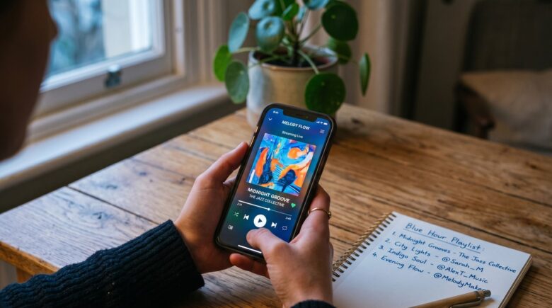 Spotify and Apple Music app icons with social media symbols representing TikTok and Instagram music discovery