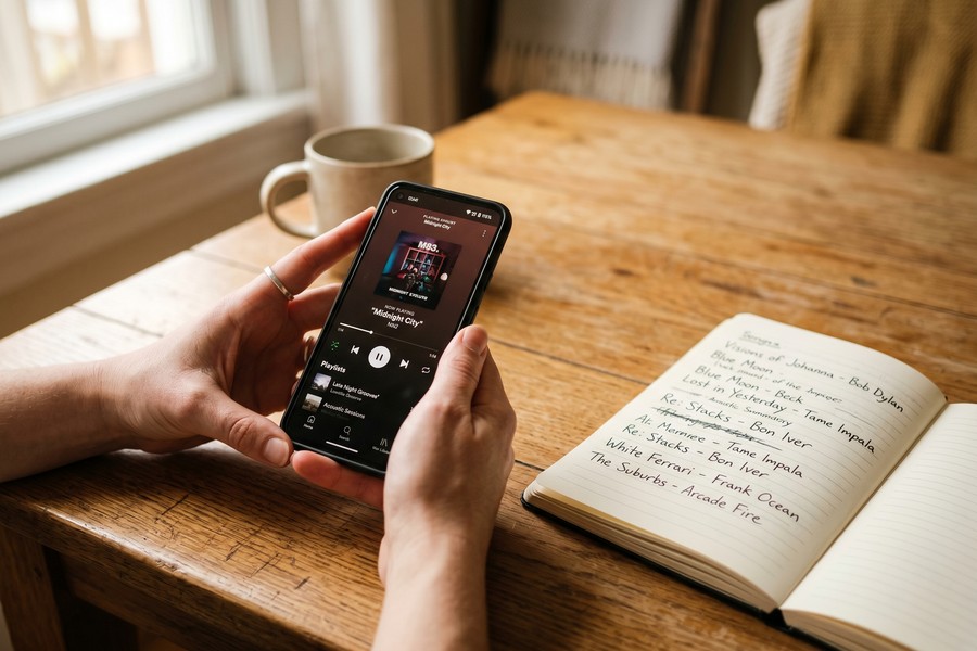 Split-screen showing TikTok music discovery transitioning to a streaming app library