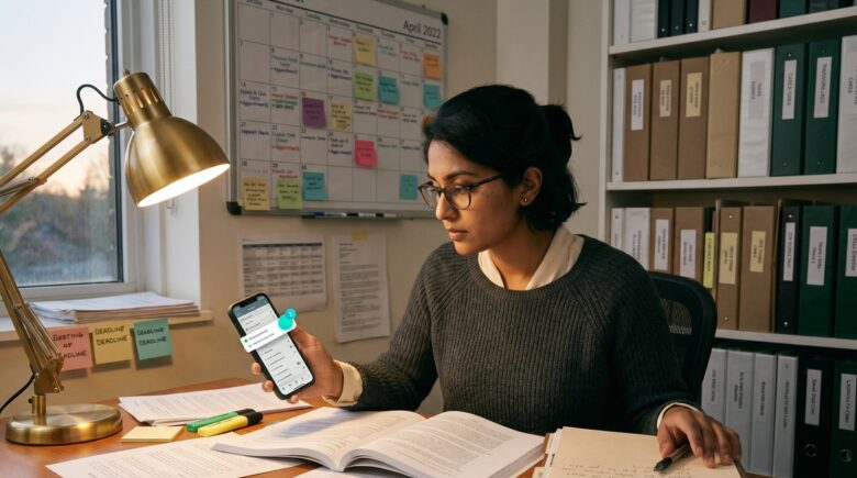 Lawyer reviewing multiple case files and tasks on a task management app dashboard