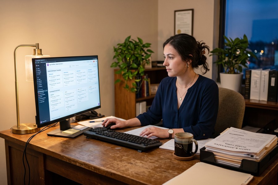 Side-by-side view of a legal matter dashboard in Clio Manage showing tasks, deadlines, and documents