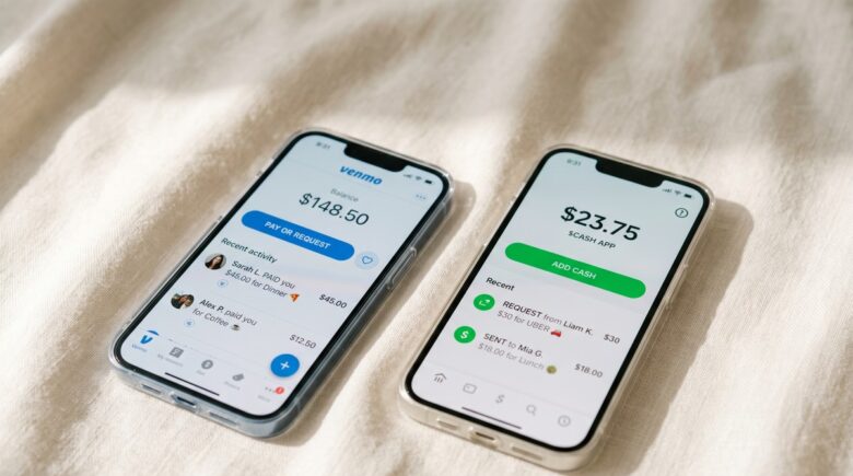 Side-by-side comparison of Venmo and Cash App interfaces showing fee structures and transfer limits